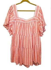 Terra And Sky Square Neck Top Sz 1X 16W-18W Boho Linen Pink/White Striped Blouse